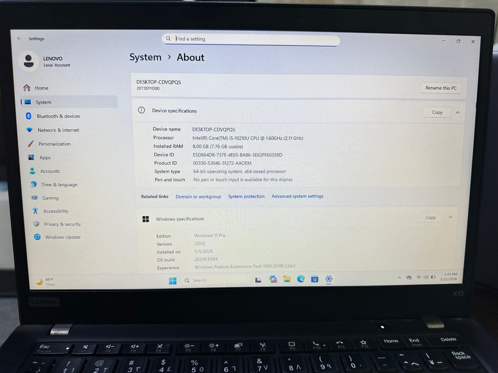 Lenovo ThinkPad X13 – Core i5 10th Gen | 8GB RAM | 256GB SSD | Warranty