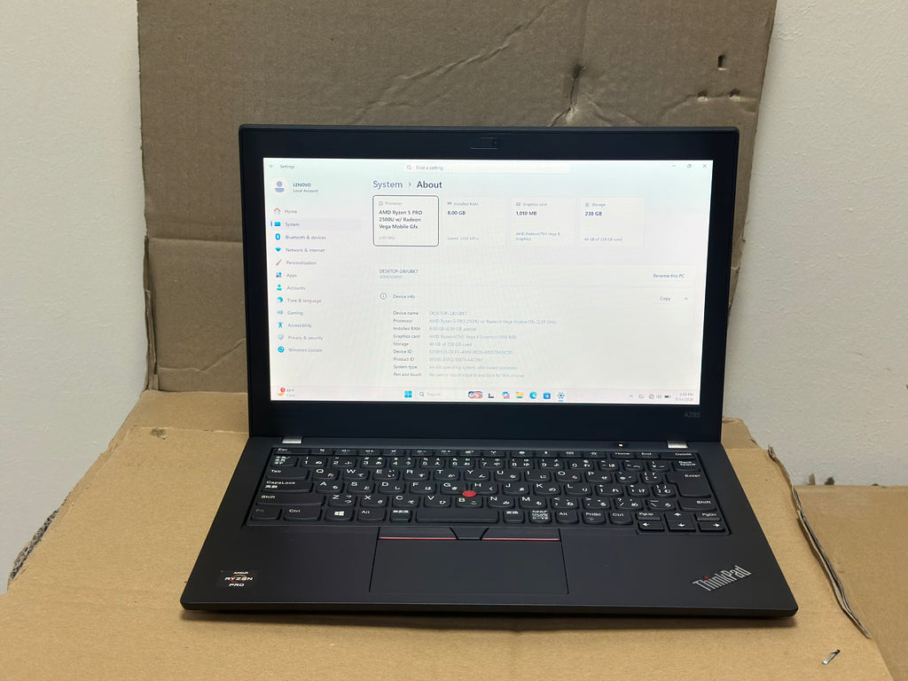 Lenovo ThinkPad A285 Ryzen 5 Pro Laptop | 8GB RAM | 256GB NVMe SSD | Radeon Vega 8 Graphics