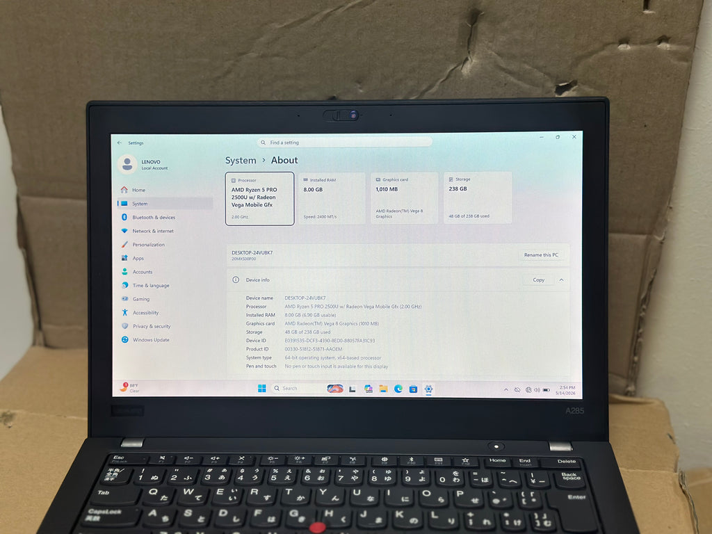 Lenovo ThinkPad A285 Ryzen 5 Pro Laptop | 8GB RAM | 256GB NVMe SSD | Radeon Vega 8 Graphics