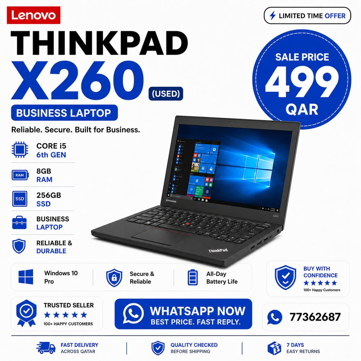Lenovo ThinkPad X260 (Used) – Core i5 6th Gen | 8GB RAM | 256GB SSD | Business Laptop