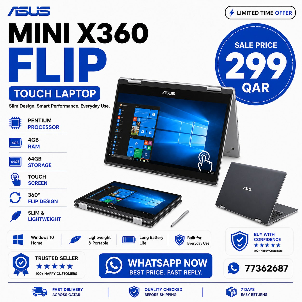 ASUS Mini X360 Flip Touch Laptop – Slim Design, Pentium Processor, 4GB RAM, 64GB Storage