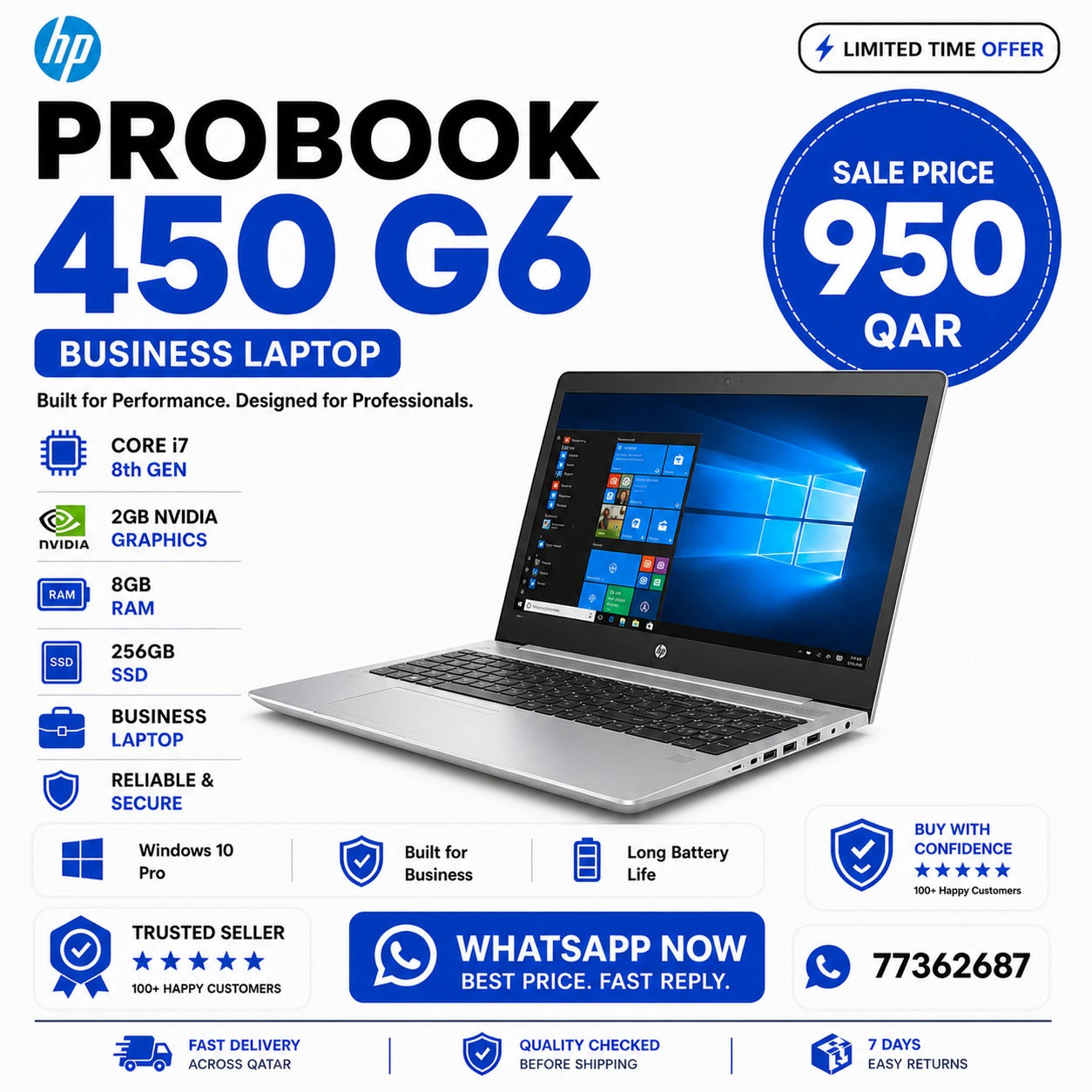 HP ProBook 450 G6 | Core i7 8th Gen | 2GB Nvidia Graphics | 8GB RAM | 256GB SSD | Business Laptop