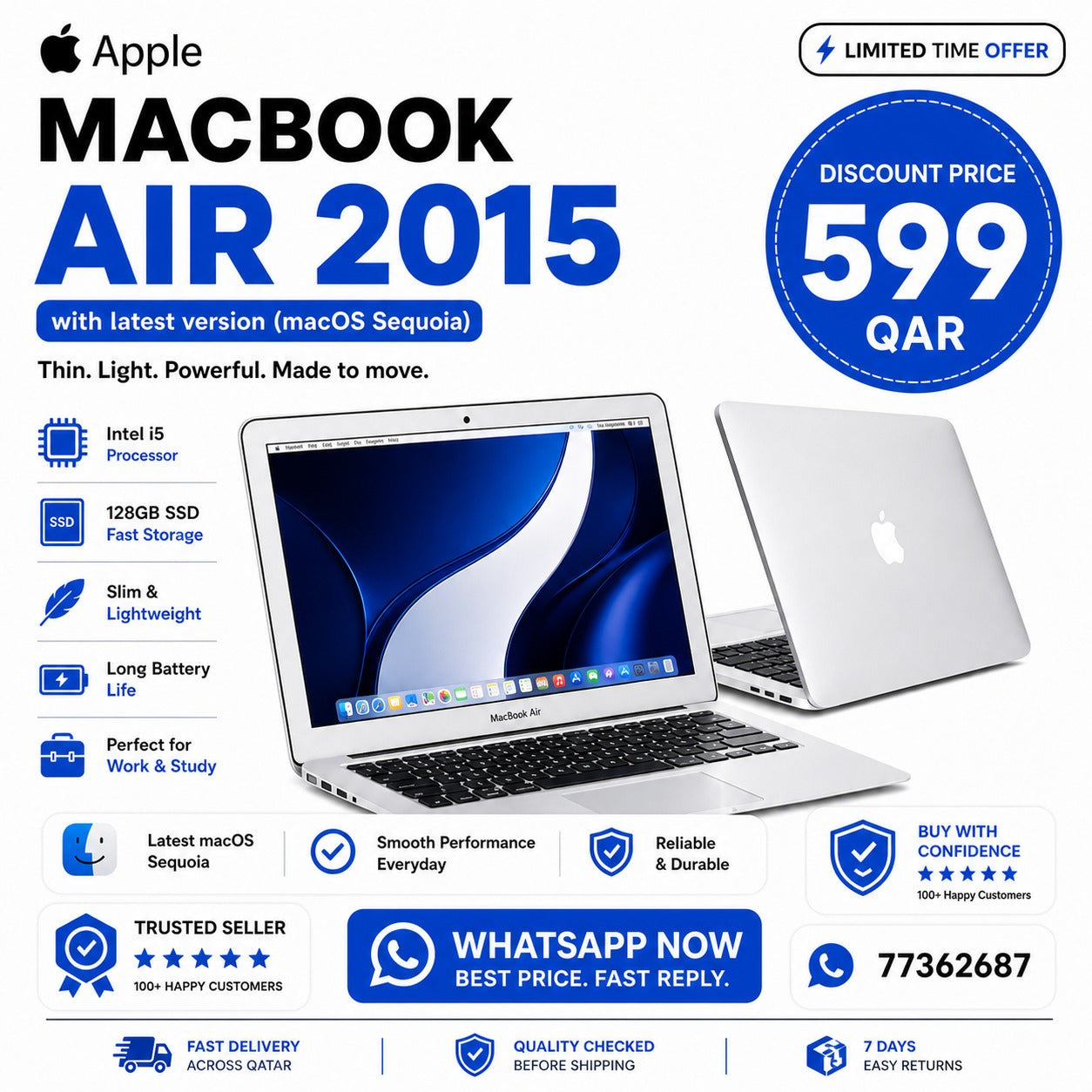 MacBook Air 2015 | Core i5 | 4GB RAM | 128GB SSD | macOS Sequoia | 13.3” Display | Budget Apple Laptop