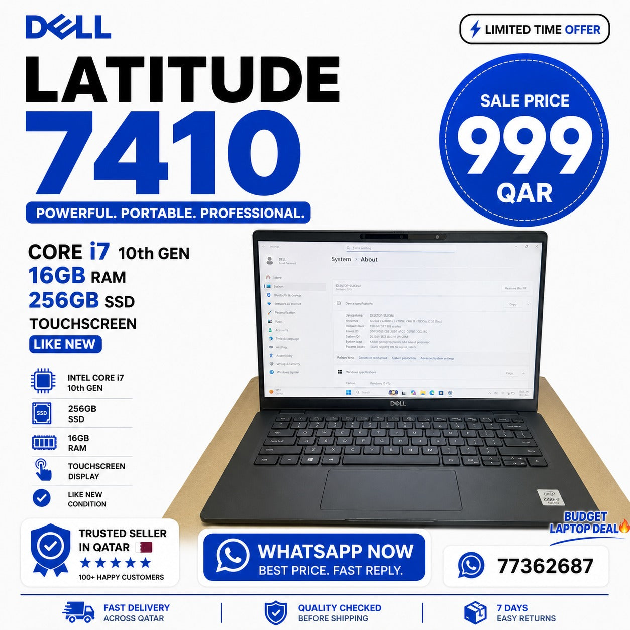 Dell Latitude 7410 Core i7 10th Gen | 16GB RAM | 256GB SSD | Touchscreen | Like New