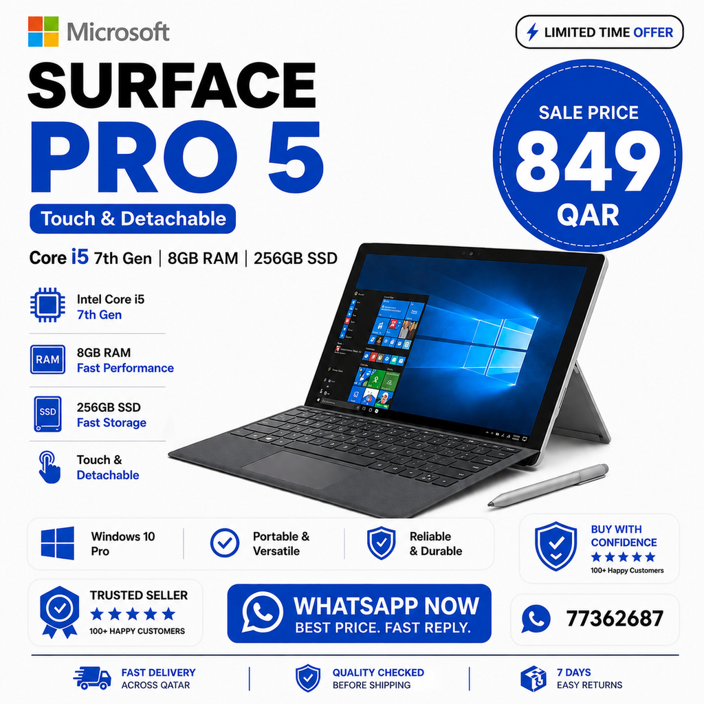 Microsoft Surface Pro 5 – Core i5 7th Gen | 8GB RAM | 256GB SSD | Touch & Detachable
