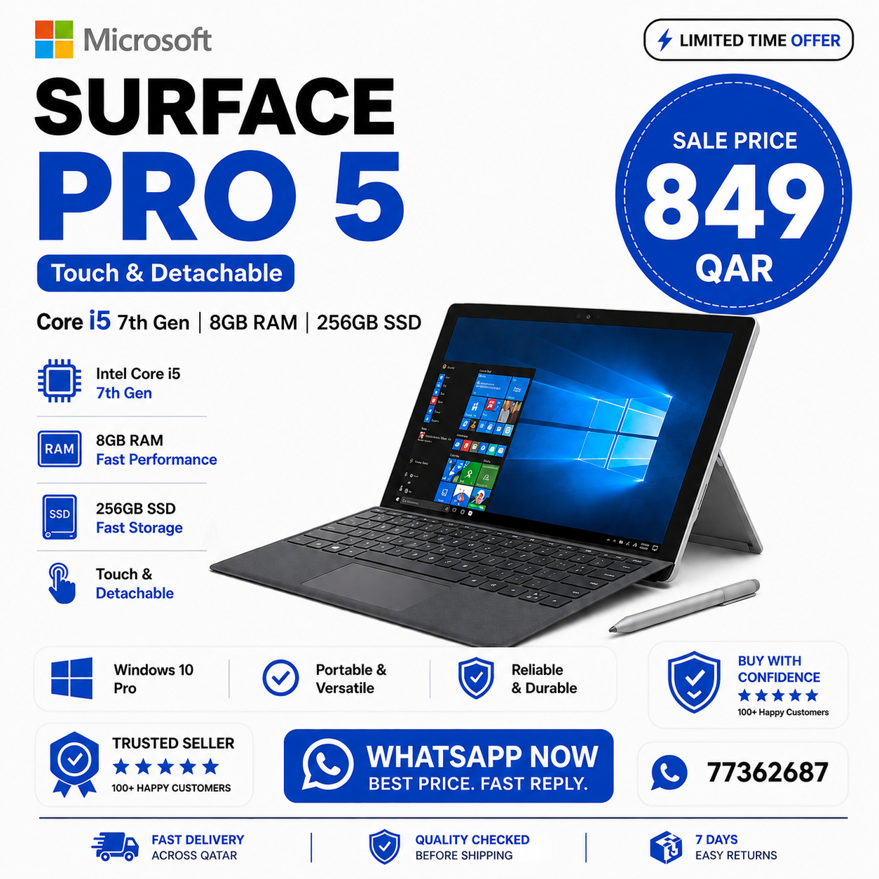 Microsoft Surface Pro 5 – Core i5 7th Gen | 8GB RAM | 256GB SSD | Touch & Detachable